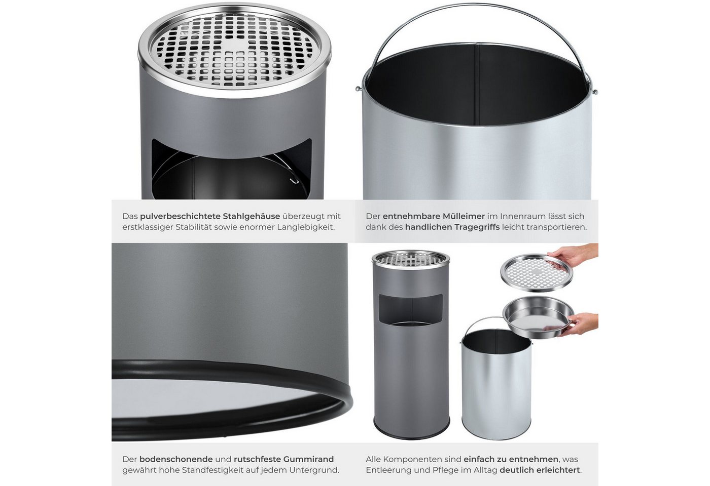 tectake Aschenbecher Standascher outdoor, 25 x 61 cm, rund, mit Mülleimer und Inneneimer, 30 l, rutschfest – Bild 5 von 5