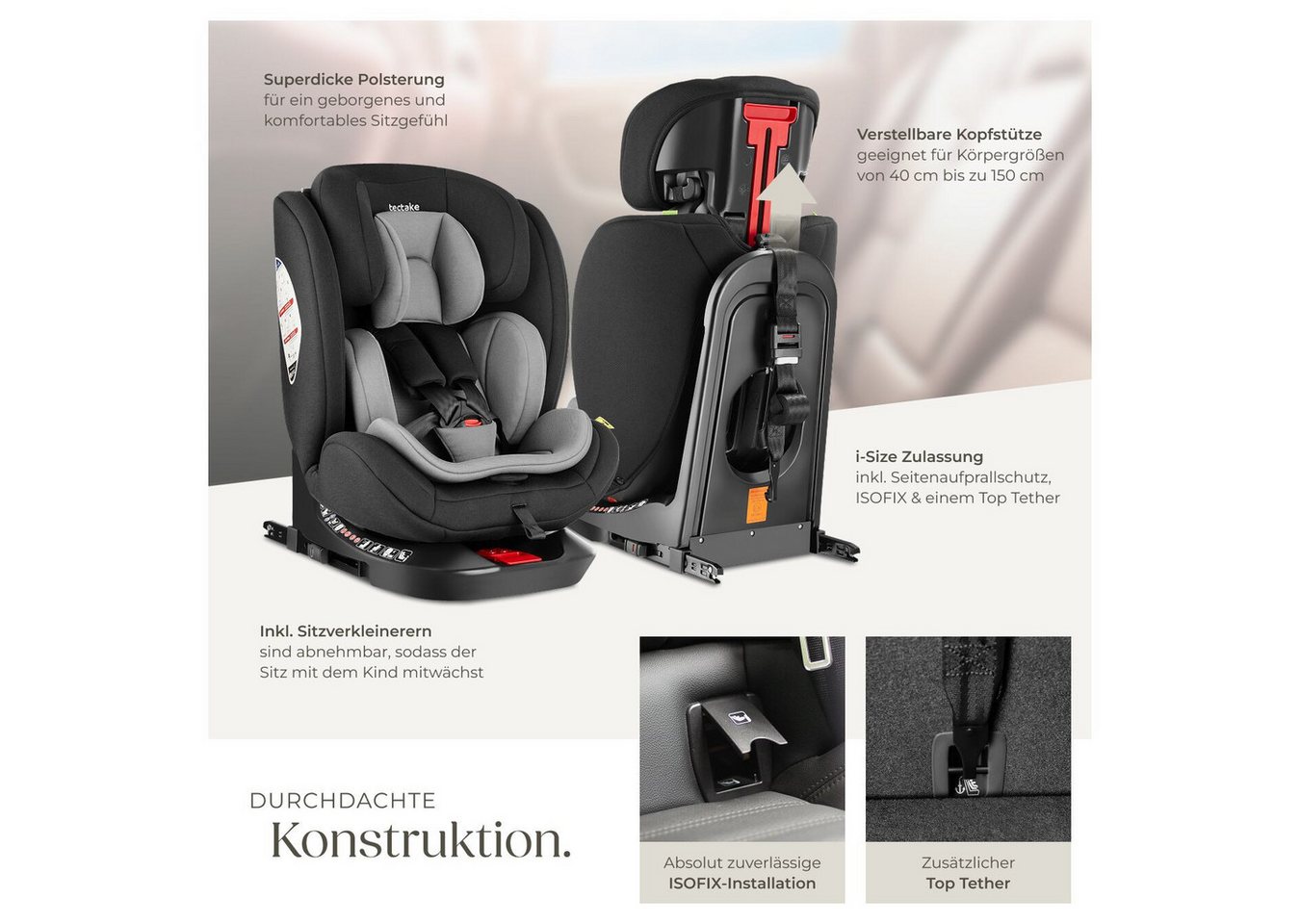 tectake Autokindersitz Kindersitz drehbar i-Size ISOFIX Seitenaufprallschutz Reboarder, (Reboarder Drehbar Linus), 5-Punkt-Gurt, verstellbare Kopfstütze, Inkl.  – Bild 3 von 5