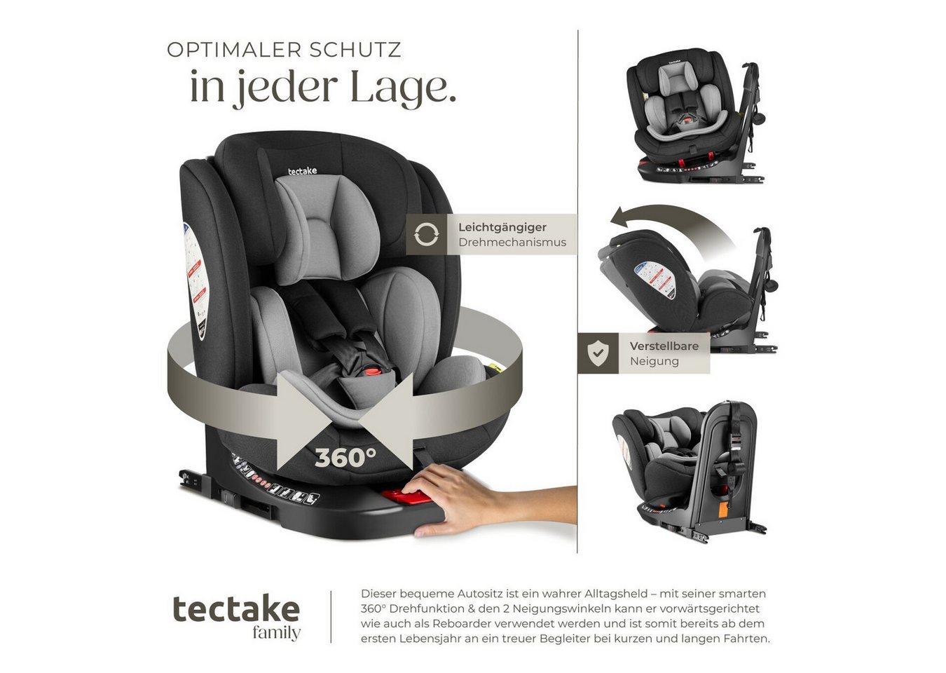 tectake Autokindersitz Kindersitz drehbar i-Size ISOFIX Seitenaufprallschutz Reboarder, (Reboarder Drehbar Linus), 5-Punkt-Gurt, verstellbare Kopfstütze, Inkl.  – Bild 4 von 5