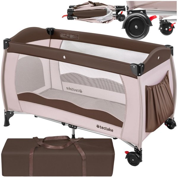 tectake Baby-Reisebett Kinderbett 126x65x80cm mit Transporttasche, mit großen Mesh-Einsätzen und Seiteneingang in Kaffee Farbe