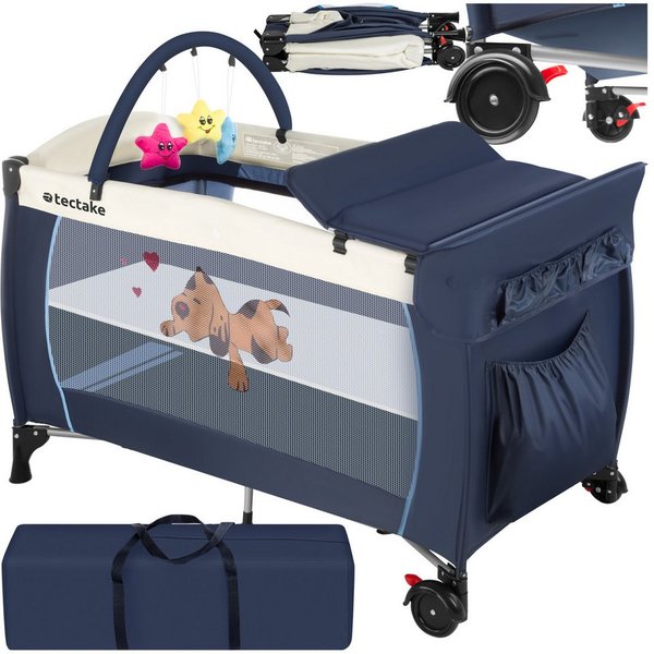 tectake Baby-Reisebett Kinderbett mit Wickelauflage und Transporttasche 132x75x104cm, mit großen Mesh-Einsätzen, Wickelauflage und Seiteneingang in blau