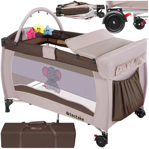 tectake Baby-Reisebett Kinderreisebett, Tragetasche, 132 x 75 x 104 cm, 2 Rollen mit, Klapp- & höhenverstellbar, mit großen Mesh-Einsätzen, bis 36 Monate
