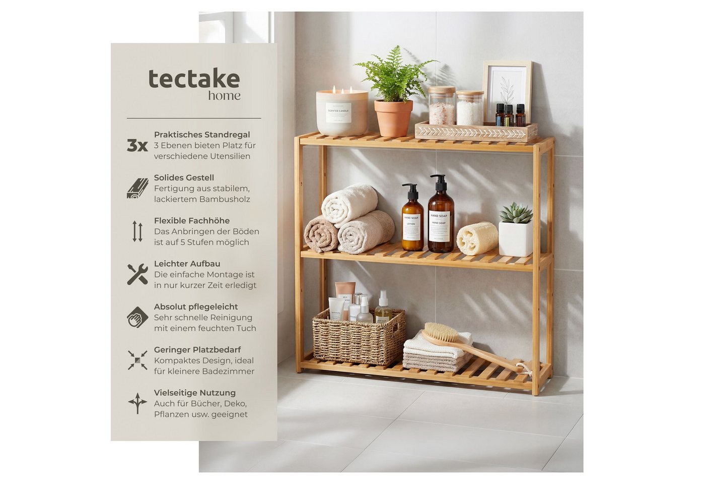 tectake Badregal Badezimmerregal aus Bambus, Maße: 60 x 15 x 54,5 cm, 3 Ebenen, Duschablage Katjana 1-tlg., Die Höhe ist wählbar, und das Regal lässt sich leich – Bild 2 von 5
