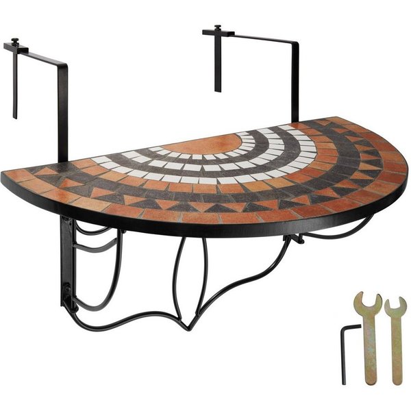 tectake Balkonhängetisch Balkontisch zum Einhängen, 75 x 65 x 62 cm, mit soliden Metallhaken (Klappbarer Balkontisch, 1-St., in terracotta/weiß), Stahl, Mosaik 