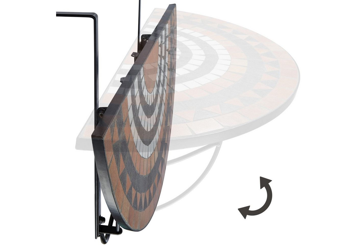 tectake Balkonhängetisch Balkontisch zum Einhängen, 75 x 65 x 62 cm, mit soliden Metallhaken (Klappbarer Balkontisch, 1-St., in terracotta/weiß), Stahl, Mosaik  – Bild 3 von 5
