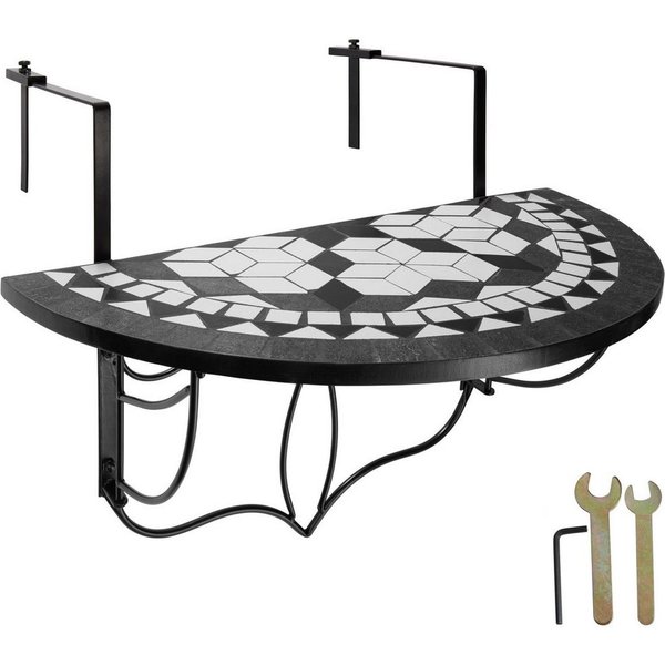 tectake Balkonhängetisch Balkontisch zum Einhängen, 75 x 65 x 62 cm, mit soliden Metallhaken (Klappbarer Balkontisch, 1-St., in schwarz/weiß), Stahl, Mosaik und