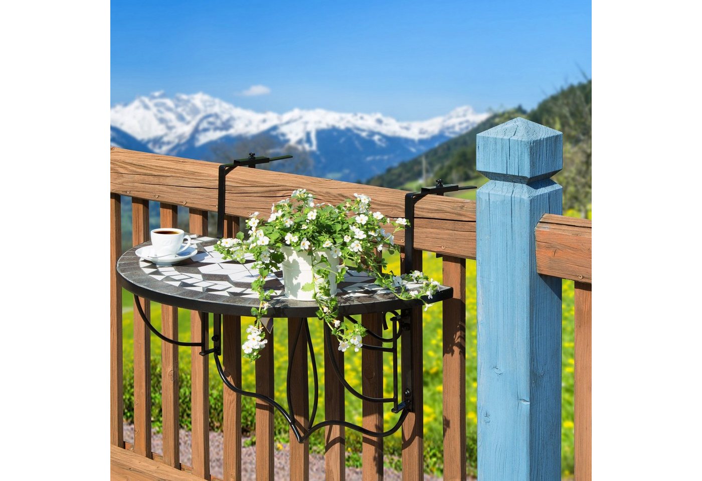 tectake Balkonhängetisch Balkontisch zum Einhängen, 75 x 65 x 62 cm, mit soliden Metallhaken (Klappbarer Balkontisch, 1-St., in schwarz/weiß), Stahl, Mosaik und – Bild 2 von 5