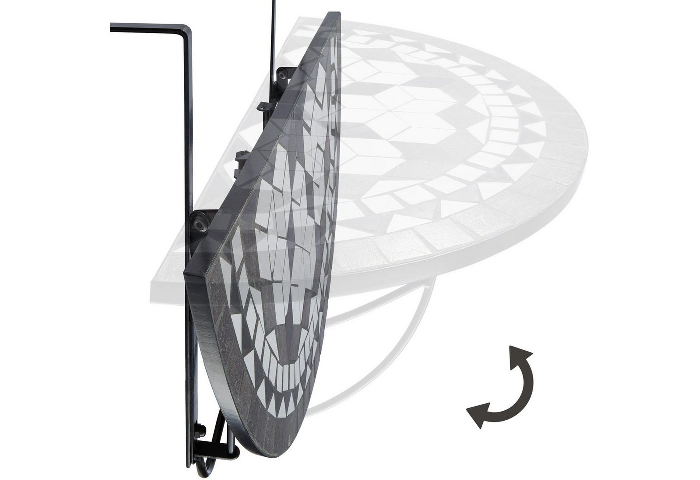 tectake Balkonhängetisch Balkontisch zum Einhängen, 75 x 65 x 62 cm, mit soliden Metallhaken (Klappbarer Balkontisch, 1-St., in schwarz/weiß), Stahl, Mosaik und – Bild 3 von 5