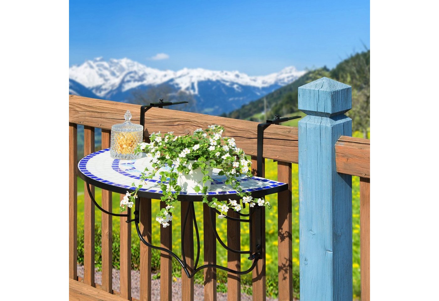 tectake Balkonhängetisch Balkontisch zum Einhängen, 75 x 65 x 62 cm, mit soliden Metallhaken (Klappbarer Balkontisch, 1-St., in weiß/blau), Stahl, Mosaik und Ze – Bild 2 von 5