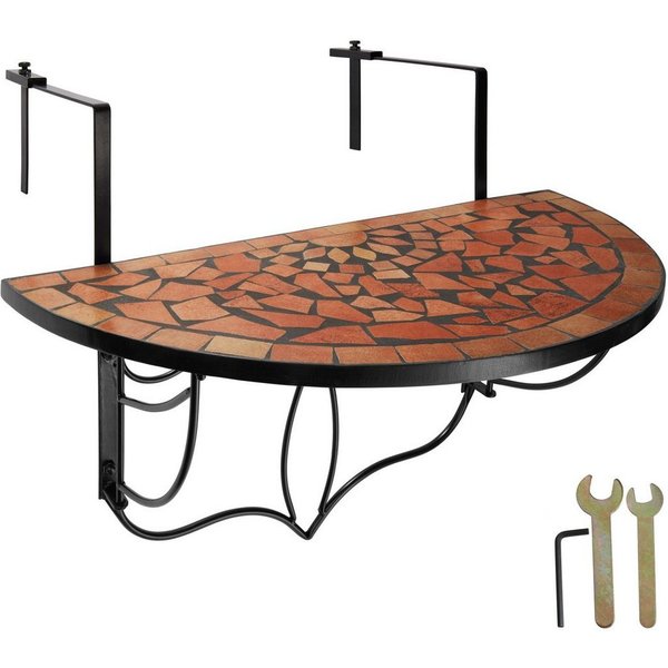 tectake Balkonhängetisch Balkontisch zum Einhängen, 75 x 65 x 62 cm, mit soliden Metallhaken (Klappbarer Balkontisch, 1-St., in terracotta), Stahl, Mosaik und Z