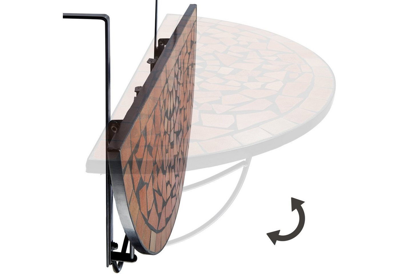 tectake Balkonhängetisch Balkontisch zum Einhängen, 75 x 65 x 62 cm, mit soliden Metallhaken (Klappbarer Balkontisch, 1-St., in terracotta), Stahl, Mosaik und Z – Bild 3 von 5