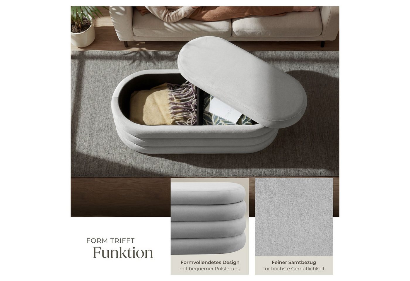 tectake Bank Gepolsterte Sitztruhe, 110 x 45 x 42 cm, mit Stauraum (Sitzmöbel mit Stauraum Altu, in Samtoptik grau), Belastbarkeit bis 150 kg, mit bodenschonend – Bild 3 von 5