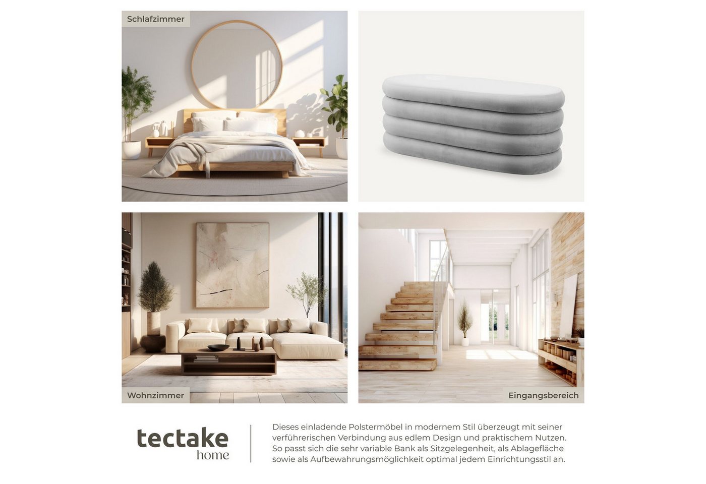 tectake Bank Gepolsterte Sitztruhe, 110 x 45 x 42 cm, mit Stauraum (Sitzmöbel mit Stauraum Altu, in Samtoptik grau), Belastbarkeit bis 150 kg, mit bodenschonend – Bild 5 von 5