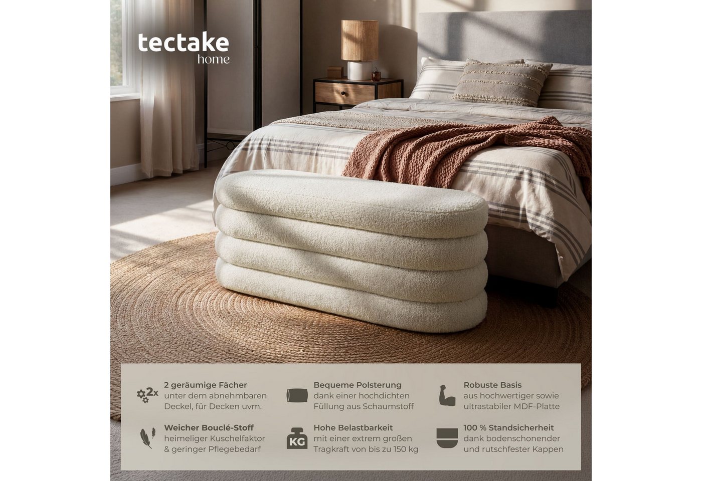 tectake Bank Gepolsterte Sitztruhe mit Bouclé, 110 x 45 x 42 cm, mit Stauraum (Sitzmöbel mit Stauraum Altu, in Bouclé creme-weiß), Belastbarkeit bis 150 kg, mit – Bild 2 von 5
