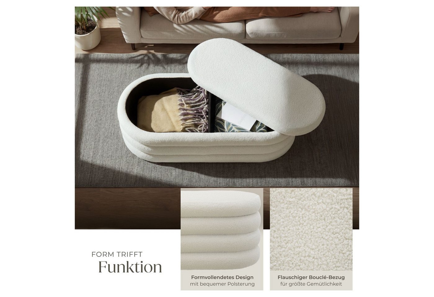 tectake Bank Gepolsterte Sitztruhe mit Bouclé, 110 x 45 x 42 cm, mit Stauraum (Sitzmöbel mit Stauraum Altu, in Bouclé creme-weiß), Belastbarkeit bis 150 kg, mit – Bild 3 von 5