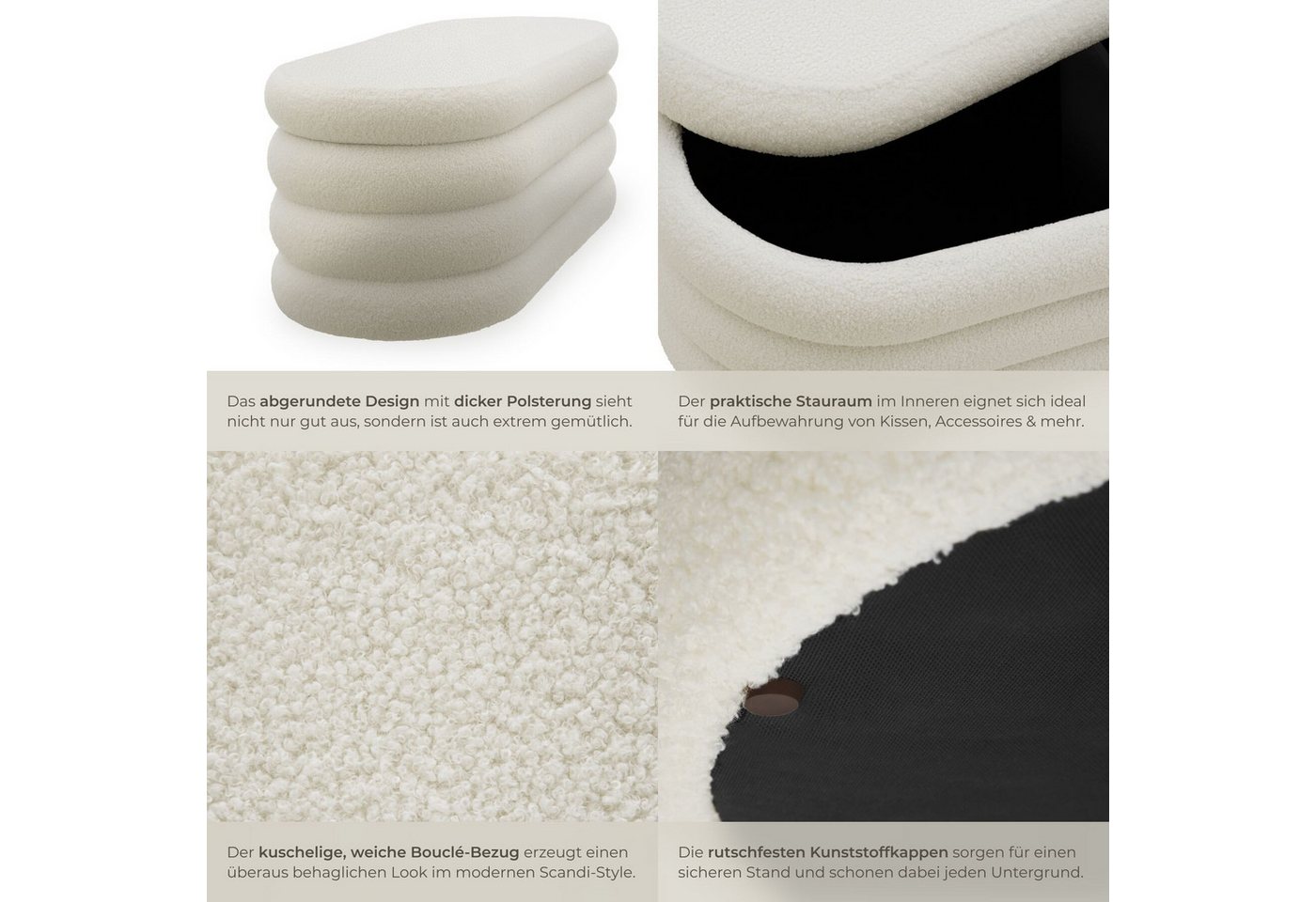 tectake Bank Gepolsterte Sitztruhe mit Bouclé, 110 x 45 x 42 cm, mit Stauraum (Sitzmöbel mit Stauraum Altu, in Bouclé creme-weiß), Belastbarkeit bis 150 kg, mit – Bild 4 von 5