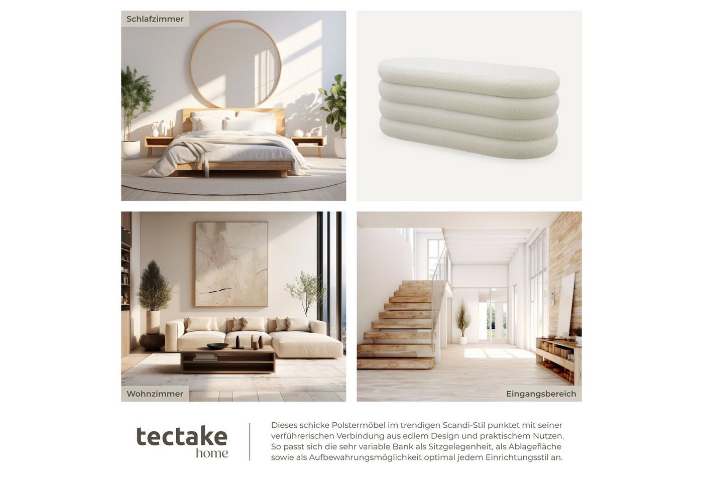 tectake Bank Gepolsterte Sitztruhe mit Bouclé, 110 x 45 x 42 cm, mit Stauraum (Sitzmöbel mit Stauraum Altu, in Bouclé creme-weiß), Belastbarkeit bis 150 kg, mit – Bild 5 von 5