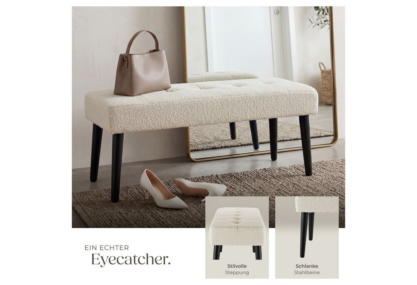 tectake Bank Sitzbank gepolstert, Belastbarkeit 220 kg, 95 x 38 x 45 cm (Polsterbank Glora, in bouclé creme), elegantes Steppmuster, bodenschonende Kunststoffka – Bild 3 von 5