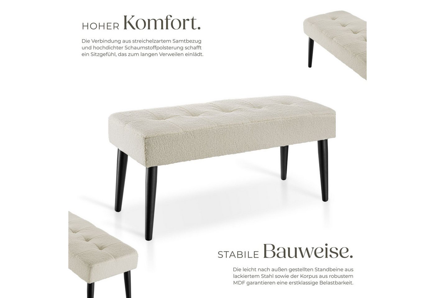 tectake Bank Sitzbank gepolstert, Belastbarkeit 220 kg, 95 x 38 x 45 cm (Polsterbank Glora, in bouclé creme), elegantes Steppmuster, bodenschonende Kunststoffka – Bild 4 von 5