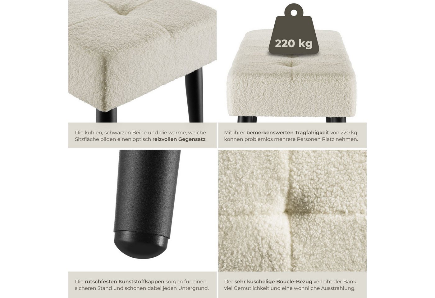 tectake Bank Sitzbank gepolstert, Belastbarkeit 220 kg, 95 x 38 x 45 cm (Polsterbank Glora, in bouclé creme), elegantes Steppmuster, bodenschonende Kunststoffka – Bild 5 von 5