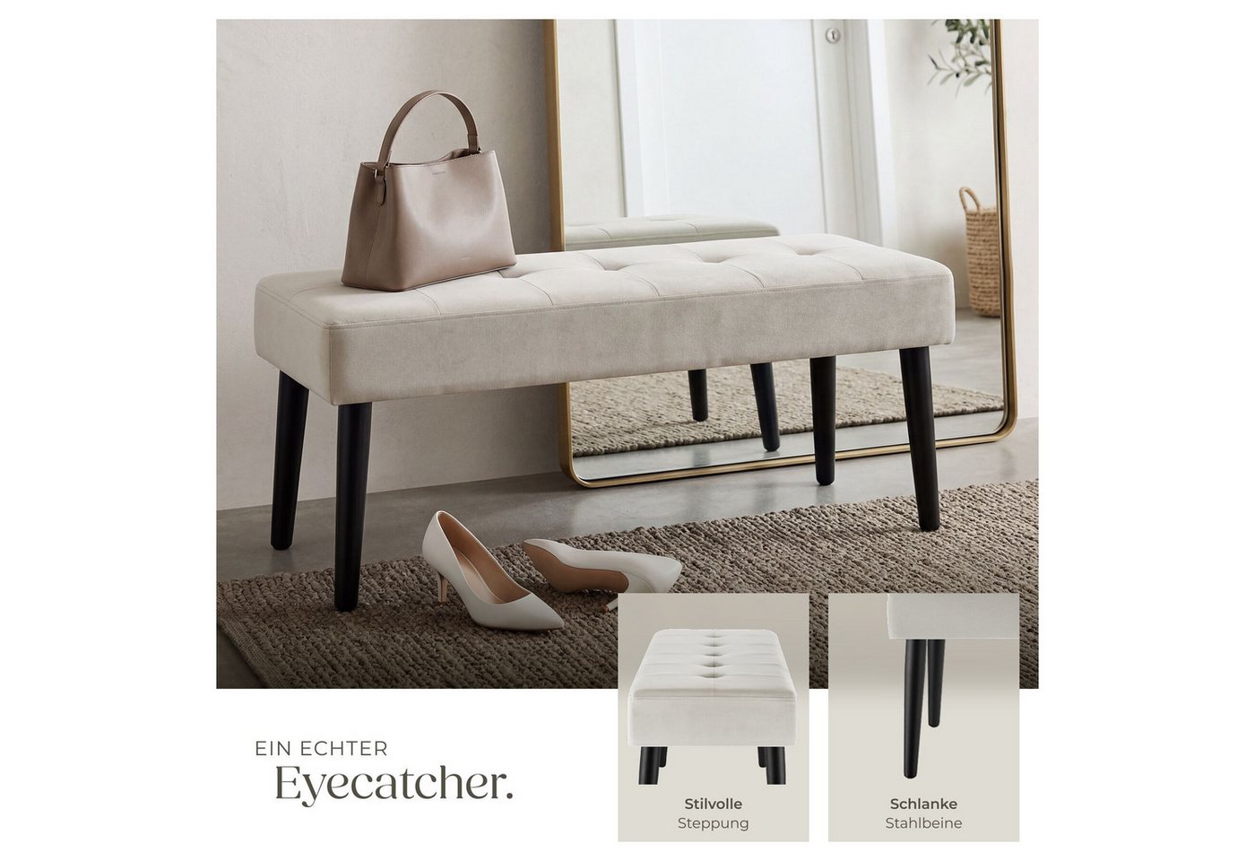 tectake Bank Sitzbank gepolstert, Belastbarkeit 220 kg, 95 x 38 x 45 cm (Polsterbank Glora, in samtoptik taupe), elegantes Steppmuster, bodenschonende Kunststof – Bild 3 von 5