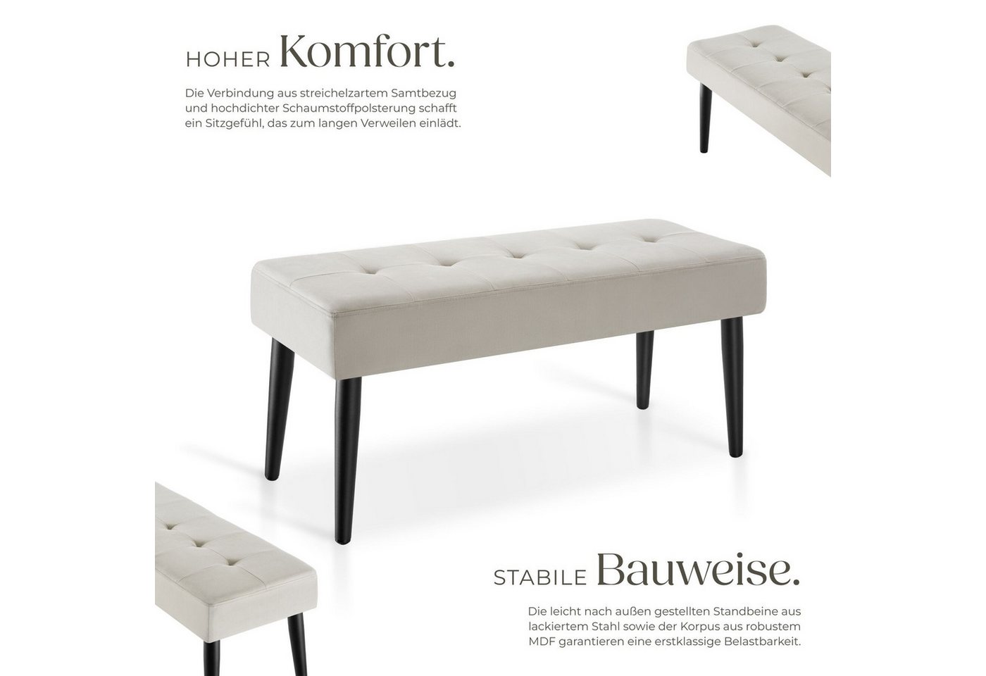 tectake Bank Sitzbank gepolstert, Belastbarkeit 220 kg, 95 x 38 x 45 cm (Polsterbank Glora, in samtoptik taupe), elegantes Steppmuster, bodenschonende Kunststof – Bild 4 von 5