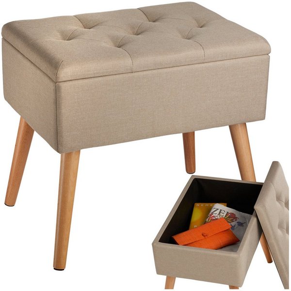 tectake Bank Sitzmöbel, Maße: 51 x 37,5 x 45,5 cm, gepolstert, in Leinenoptik (Esszimmersitz Ranya, in Sand), Mit großem Staufach, Holzbeine mit Filzgleitern, B