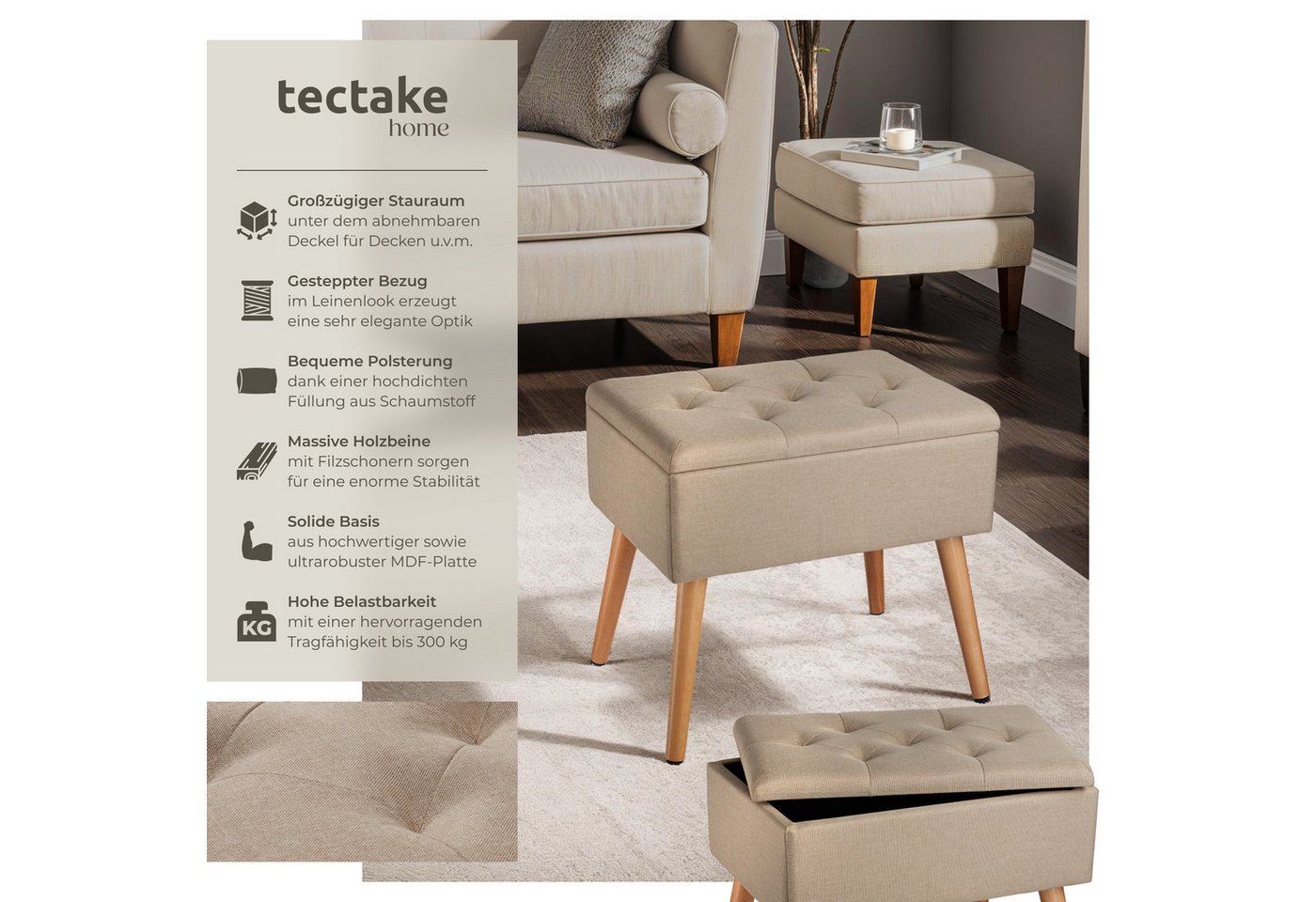 tectake Bank Sitzmöbel, Maße: 51 x 37,5 x 45,5 cm, gepolstert, in Leinenoptik (Esszimmersitz Ranya, in Sand), Mit großem Staufach, Holzbeine mit Filzgleitern, B – Bild 2 von 5