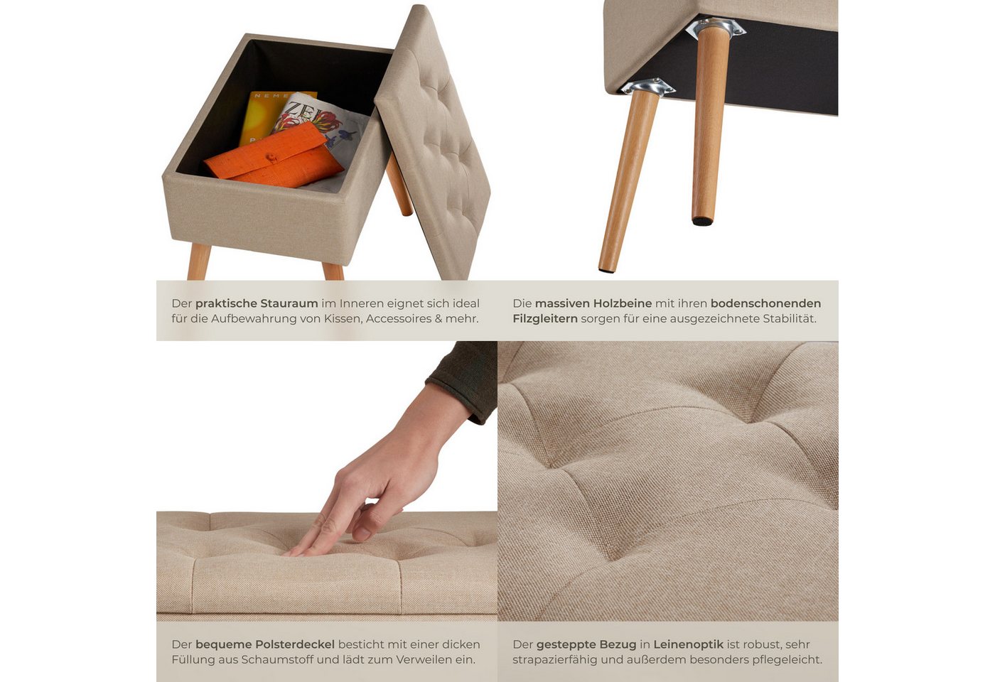 tectake Bank Sitzmöbel, Maße: 51 x 37,5 x 45,5 cm, gepolstert, in Leinenoptik (Esszimmersitz Ranya, in Sand), Mit großem Staufach, Holzbeine mit Filzgleitern, B – Bild 4 von 5