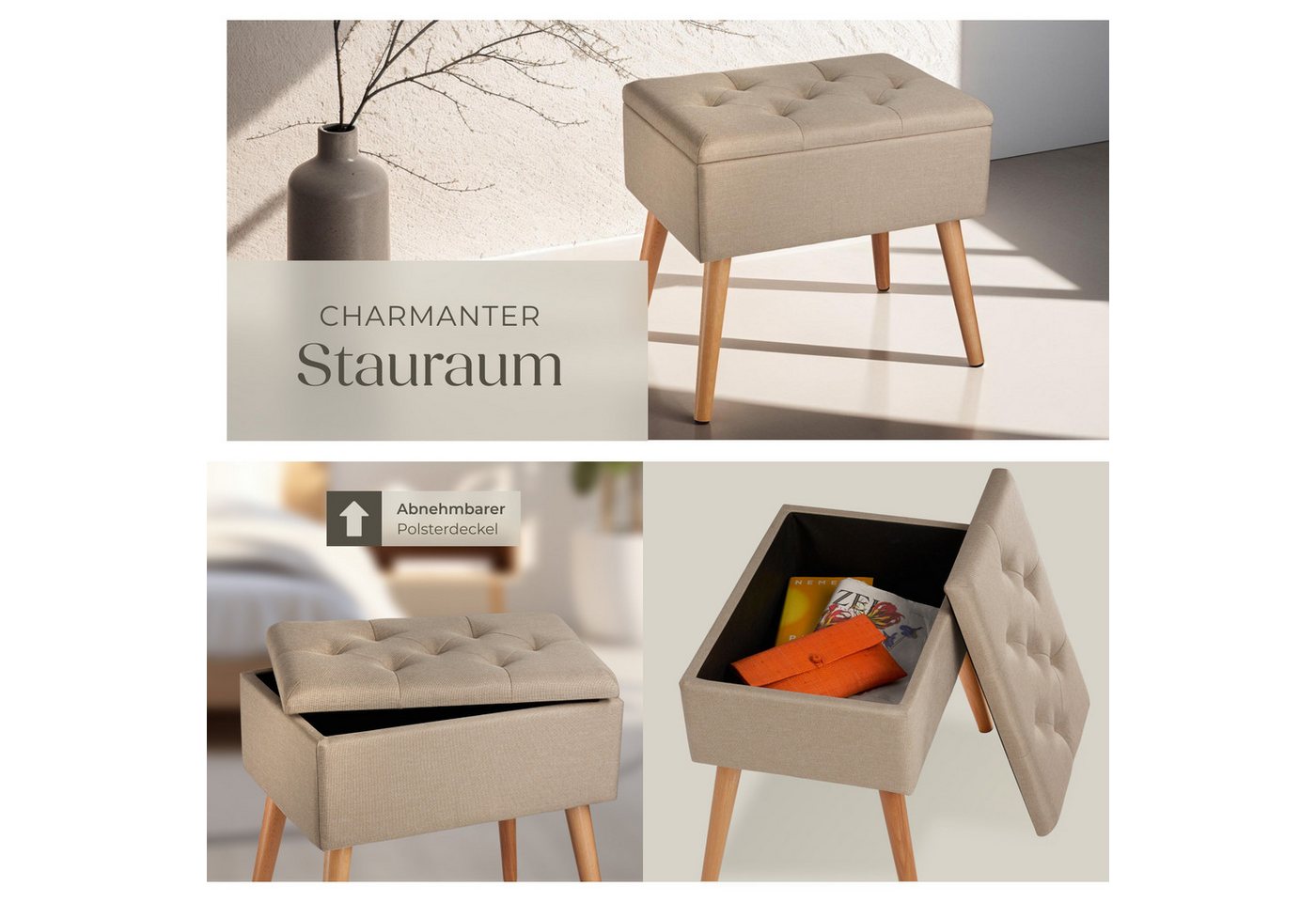 tectake Bank Sitzmöbel, Maße: 51 x 37,5 x 45,5 cm, gepolstert, in Leinenoptik (Esszimmersitz Ranya, in Sand), Mit großem Staufach, Holzbeine mit Filzgleitern, B – Bild 5 von 5