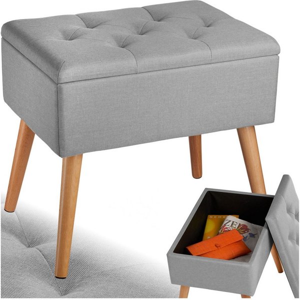 tectake Bank Sitzmöbel, Maße: 51 x 37,5 x 45,5 cm, gepolstert, in Leinenoptik (Esszimmersitz Ranya, in hellgrau), Mit großem Staufach, Holzbeine mit Filzgleiter