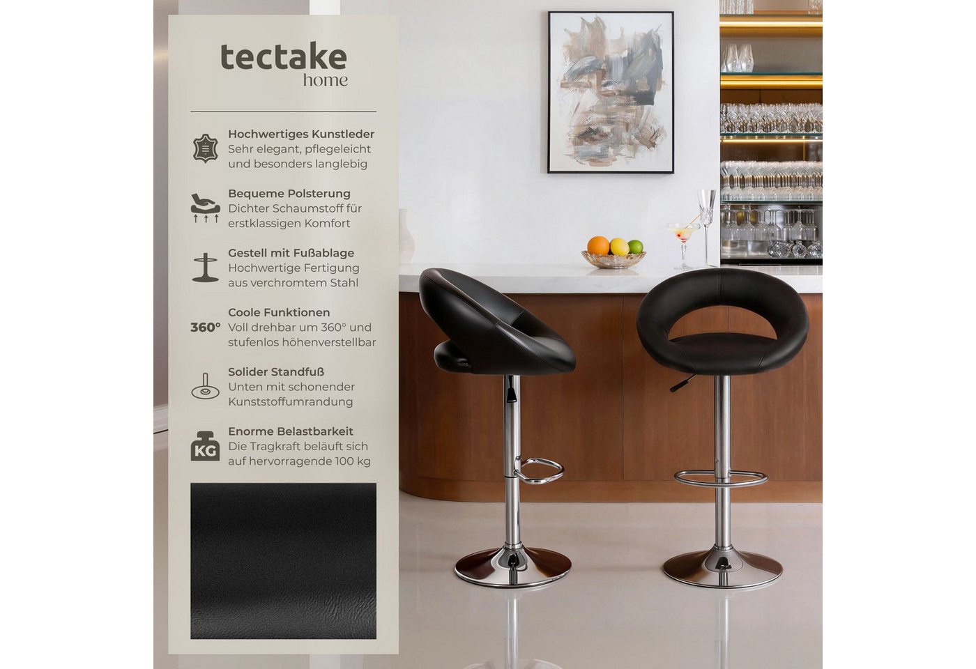tectake Barhocker 2er Set Barstühle gepolstert mit Rückenlehne, Sitzhöhe 63 - 83 cm (Barstühle Christian, in schwarz), Bezug aus Kunstleder, drehbar und höhenve – Bild 2 von 5
