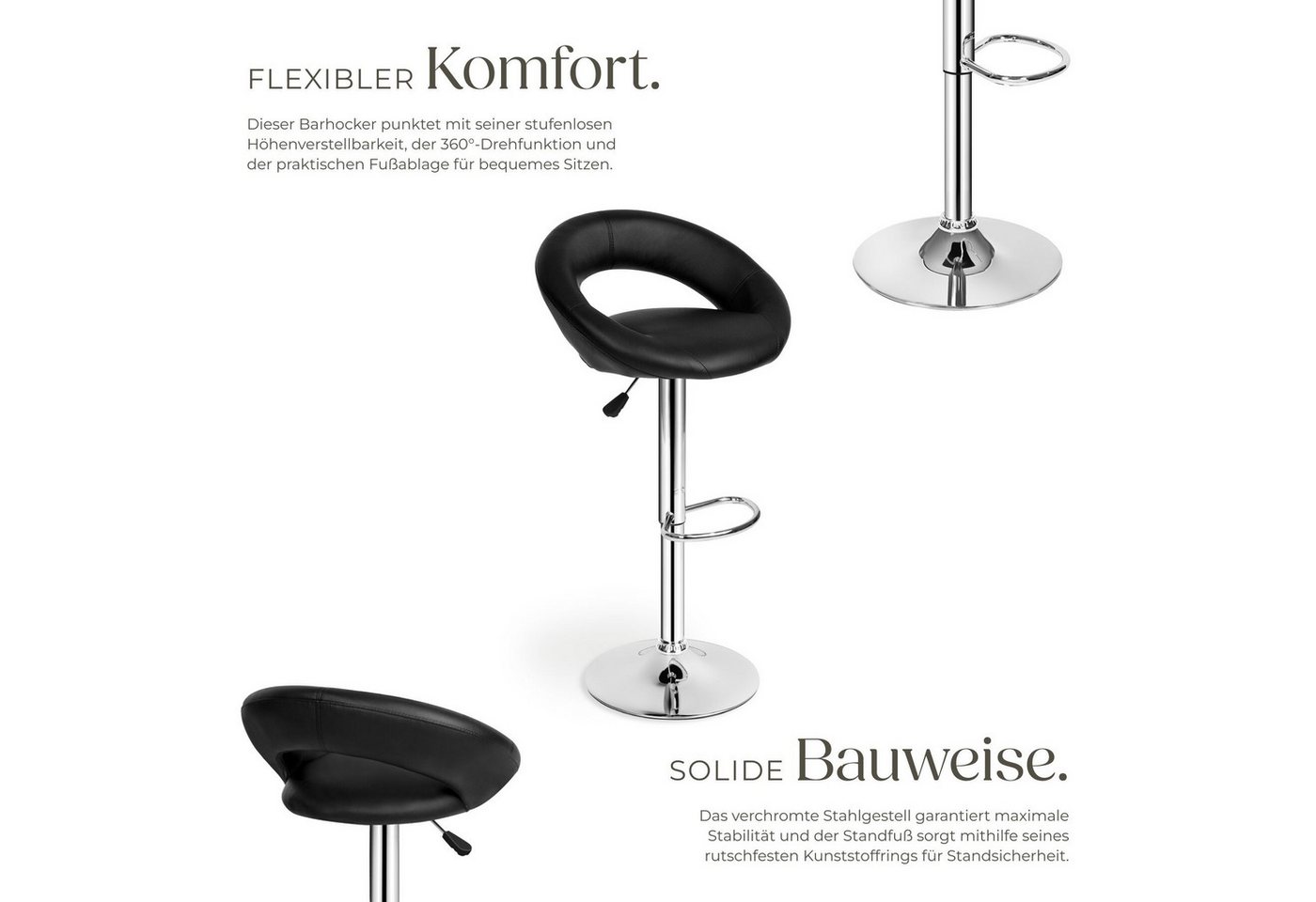 tectake Barhocker 2er Set Barstühle gepolstert mit Rückenlehne, Sitzhöhe 63 - 83 cm (Barstühle Christian, in schwarz), Bezug aus Kunstleder, drehbar und höhenve – Bild 3 von 5