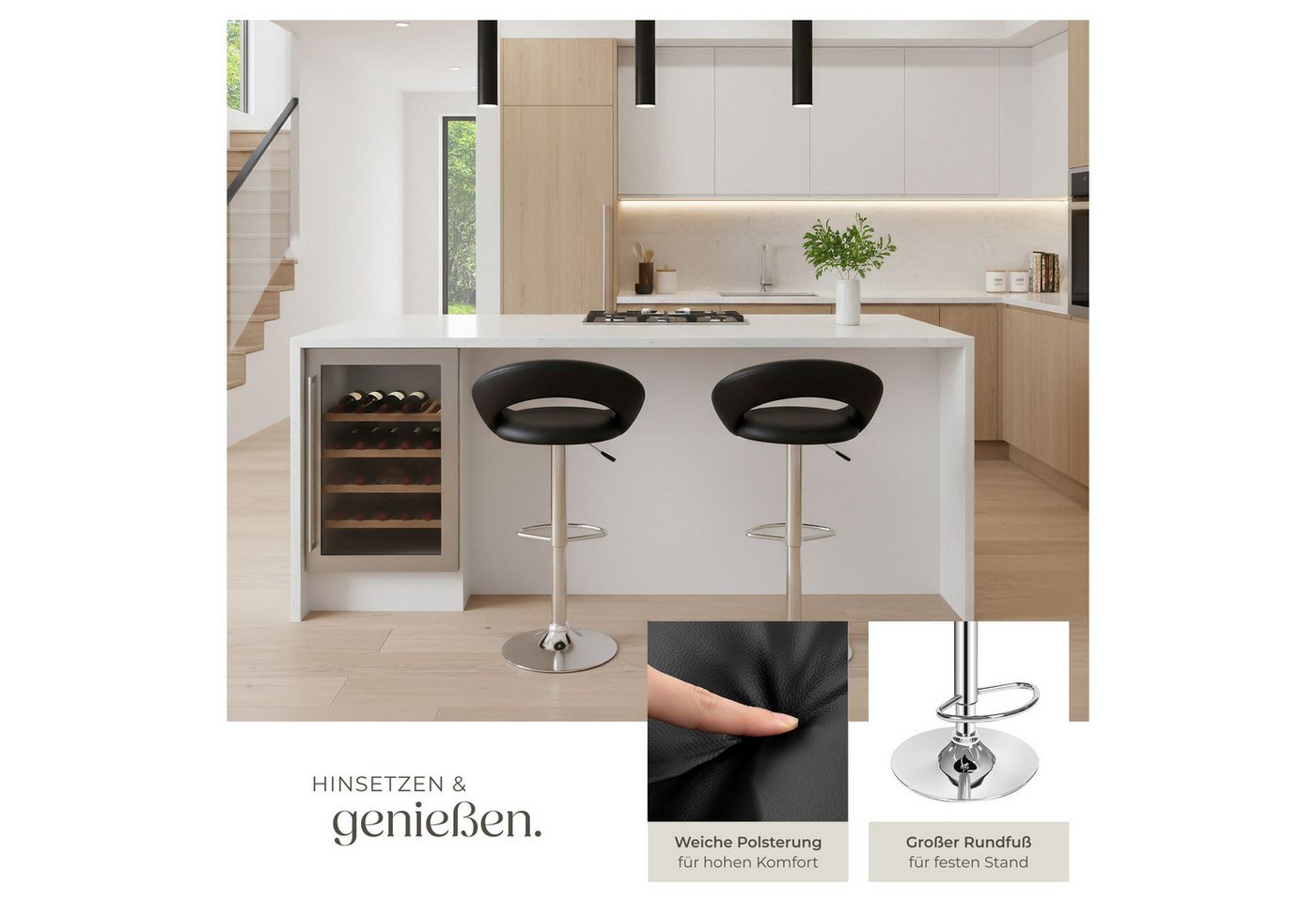 tectake Barhocker 2er Set Barstühle gepolstert mit Rückenlehne, Sitzhöhe 63 - 83 cm (Barstühle Christian, in schwarz), Bezug aus Kunstleder, drehbar und höhenve – Bild 4 von 5