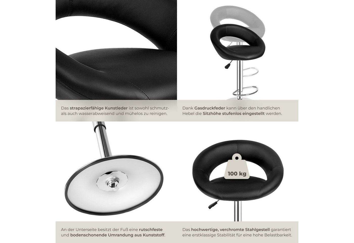 tectake Barhocker 2er Set Barstühle gepolstert mit Rückenlehne, Sitzhöhe 63 - 83 cm (Barstühle Christian, in schwarz), Bezug aus Kunstleder, drehbar und höhenve – Bild 5 von 5