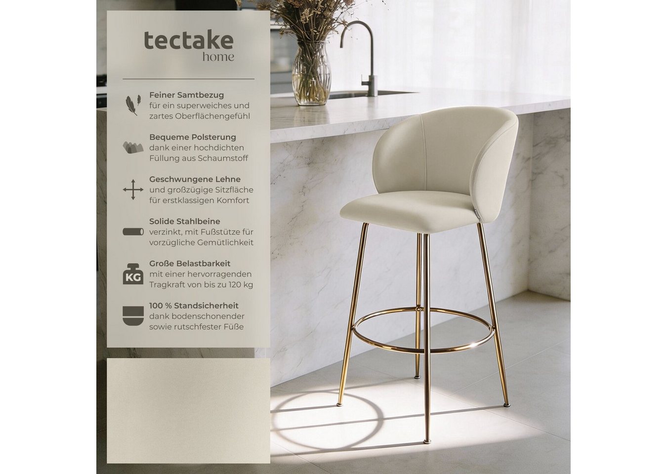 tectake Barhocker Barstuhl gepolstert, 51 x 60 x 106 cm, Belastbarkeit 120 kg (Tresenstuhl Luana, in Samtoptik creme/gold), mit breiter Rückenlehne und Fußstütz – Bild 2 von 5