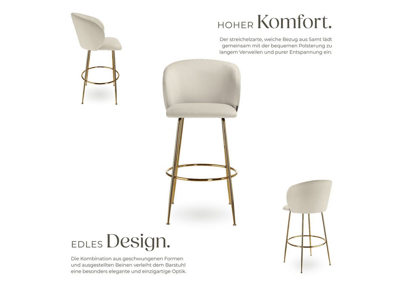 tectake Barhocker Barstuhl gepolstert, 51 x 60 x 106 cm, Belastbarkeit 120 kg (Tresenstuhl Luana, in Samtoptik creme/gold), mit breiter Rückenlehne und Fußstütz – Bild 3 von 5