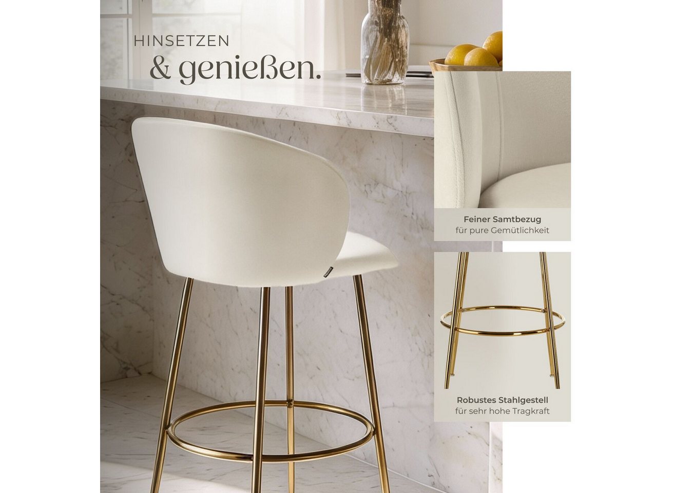 tectake Barhocker Barstuhl gepolstert, 51 x 60 x 106 cm, Belastbarkeit 120 kg (Tresenstuhl Luana, in Samtoptik creme/gold), mit breiter Rückenlehne und Fußstütz – Bild 4 von 5