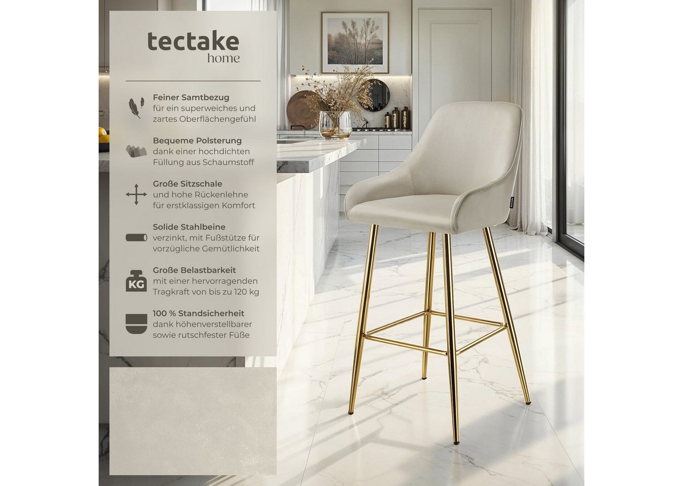 tectake Barhocker Barstuhl gepolstert, 48,5 x 57 x 108 cm, Belastbarkeit 120 kg (Tresenstuhl Avane, in Samtoptik creme/gold), mit Rückenlehne und Fußstütze, höh – Bild 2 von 5