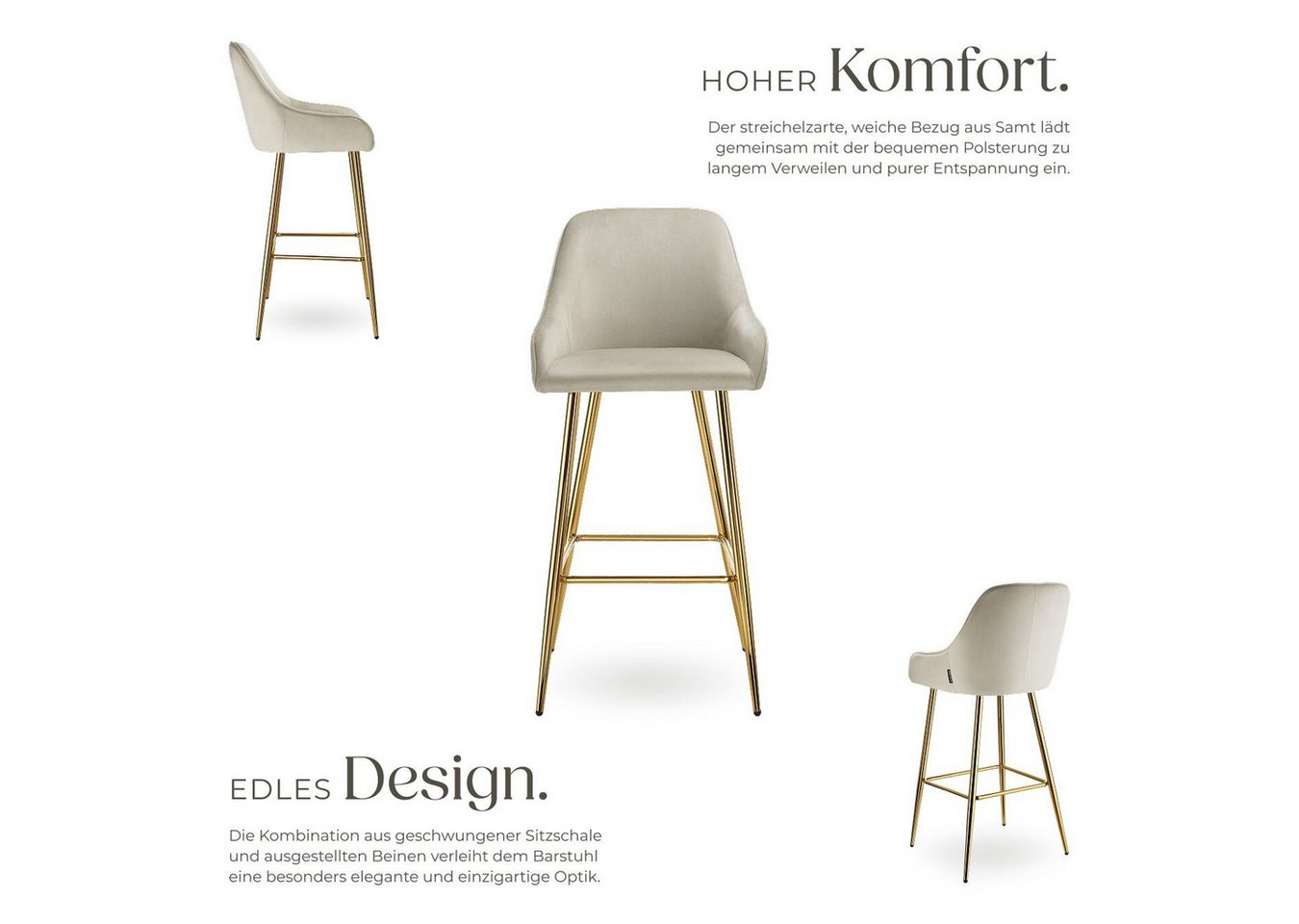 tectake Barhocker Barstuhl gepolstert, 48,5 x 57 x 108 cm, Belastbarkeit 120 kg (Tresenstuhl Avane, in Samtoptik creme/gold), mit Rückenlehne und Fußstütze, höh – Bild 3 von 5