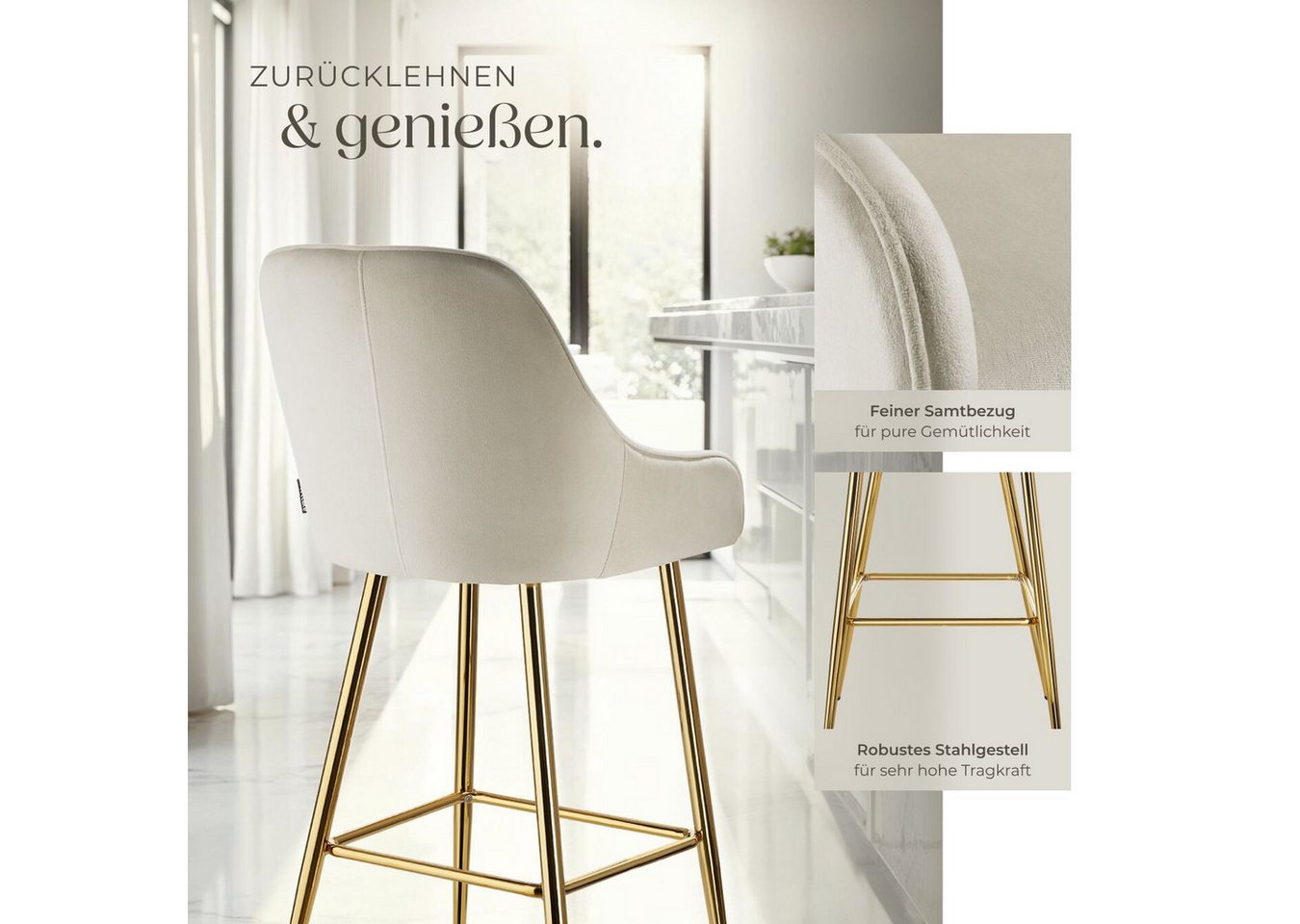 tectake Barhocker Barstuhl gepolstert, 48,5 x 57 x 108 cm, Belastbarkeit 120 kg (Tresenstuhl Avane, in Samtoptik creme/gold), mit Rückenlehne und Fußstütze, höh – Bild 4 von 5