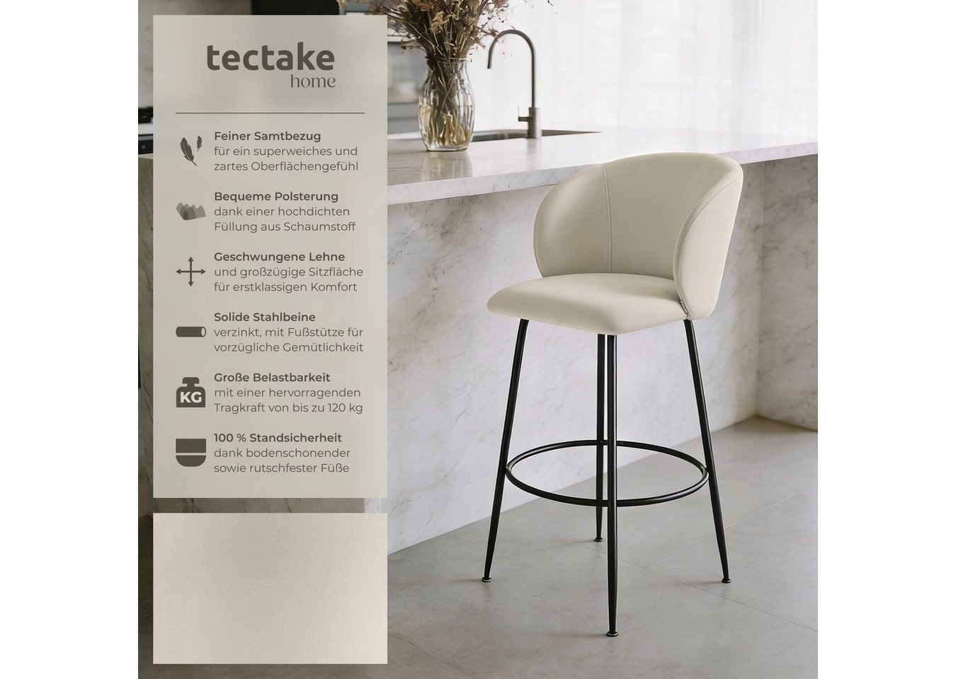 tectake Barhocker Barstuhl gepolstert, 51 x 60 x 106 cm, Belastbarkeit 120 kg (Tresenstuhl Luana, in Samtoptik creme/schwarz), mit breiter Rückenlehne und Fußst – Bild 2 von 5