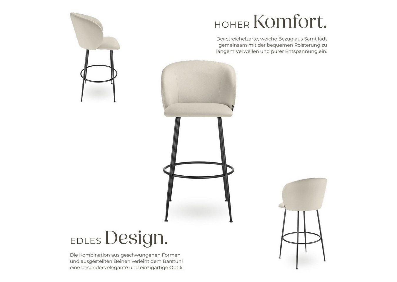 tectake Barhocker Barstuhl gepolstert, 51 x 60 x 106 cm, Belastbarkeit 120 kg (Tresenstuhl Luana, in Samtoptik creme/schwarz), mit breiter Rückenlehne und Fußst – Bild 3 von 5