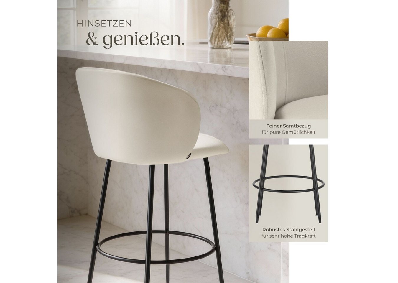 tectake Barhocker Barstuhl gepolstert, 51 x 60 x 106 cm, Belastbarkeit 120 kg (Tresenstuhl Luana, in Samtoptik creme/schwarz), mit breiter Rückenlehne und Fußst – Bild 4 von 5