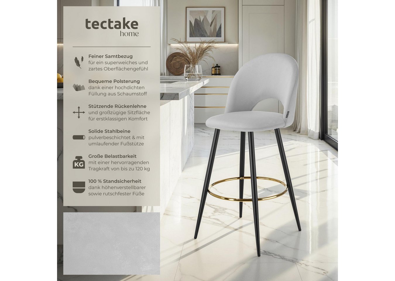 tectake Barhocker Barstuhl gepolstert, 49 x 58 x 110 cm, Belastbarkeit 120 kg (Tresenstuhl Sachel, in Samtoptik hellgrau/schwarz), mit Rückenlehne und Fußstütze – Bild 2 von 5