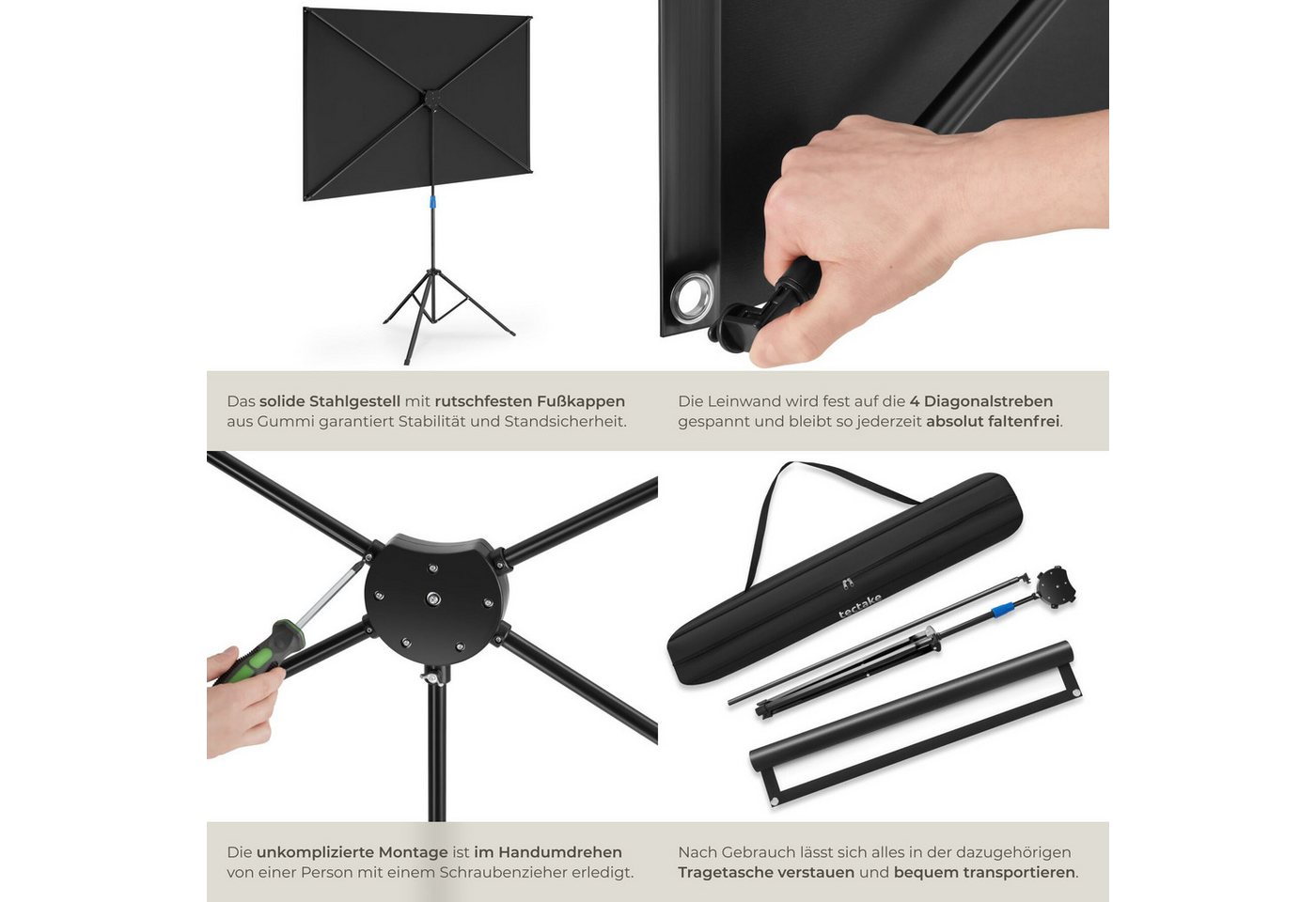 tectake Beamer-Leinwand für 4K, HD, Ultra HD und Full HD, Format 16:9, 60” Deckeneinbauleinwand (Gain-Faktor 1, 0, reißfest, faltenfrei, inklusive Tragetasche) – Bild 5 von 5