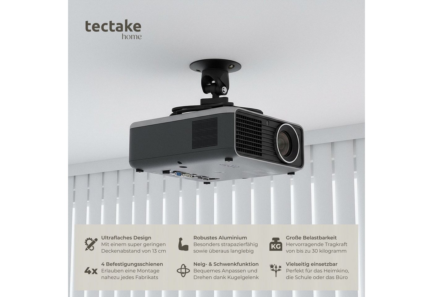 tectake Beamer-Wandhalterung Universal Projektor-Halterung - 360° Kugelgelenk aus Aluminium, (bis 0 Zoll, Einzelartikel, 1 St., Extrem kompakter Deckenabstand v – Bild 2 von 5
