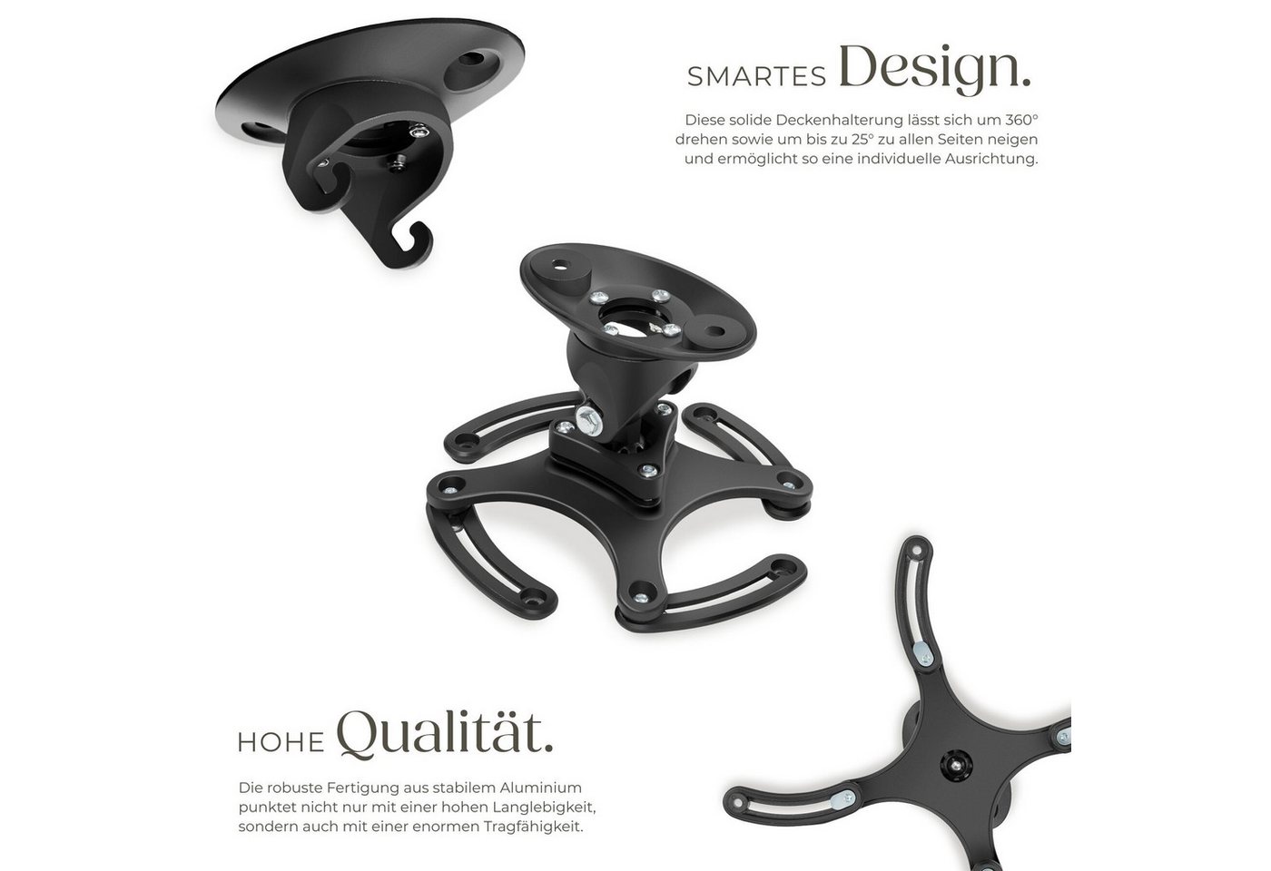 tectake Beamer-Wandhalterung Universal Projektor-Halterung - 360° Kugelgelenk aus Aluminium, (bis 0 Zoll, Einzelartikel, 1 St., Extrem kompakter Deckenabstand v – Bild 3 von 5