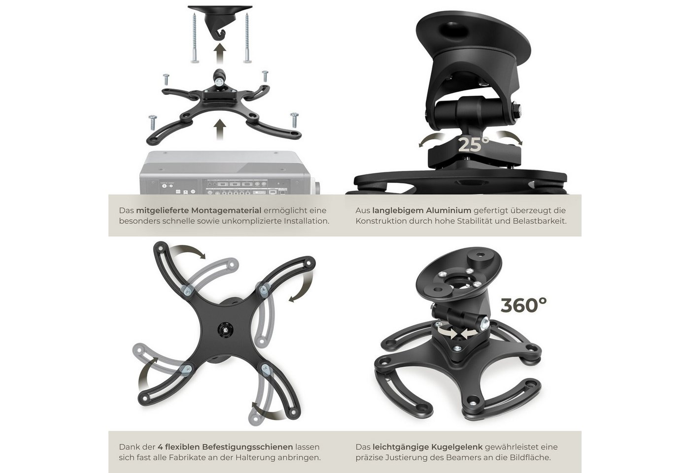 tectake Beamer-Wandhalterung Universal Projektor-Halterung - 360° Kugelgelenk aus Aluminium, (bis 0 Zoll, Einzelartikel, 1 St., Extrem kompakter Deckenabstand v – Bild 5 von 5