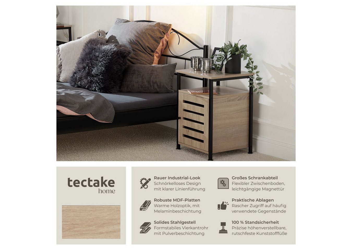 tectake Beistellschrank Nachtschrank, 40,5 x 40,5 x 60,5 cm, höhenverstellbare (Kleinschrank Cork, 1-St., in Industrial Holz hell, Eiche Sonoma) Holz und Stahl, – Bild 2 von 5